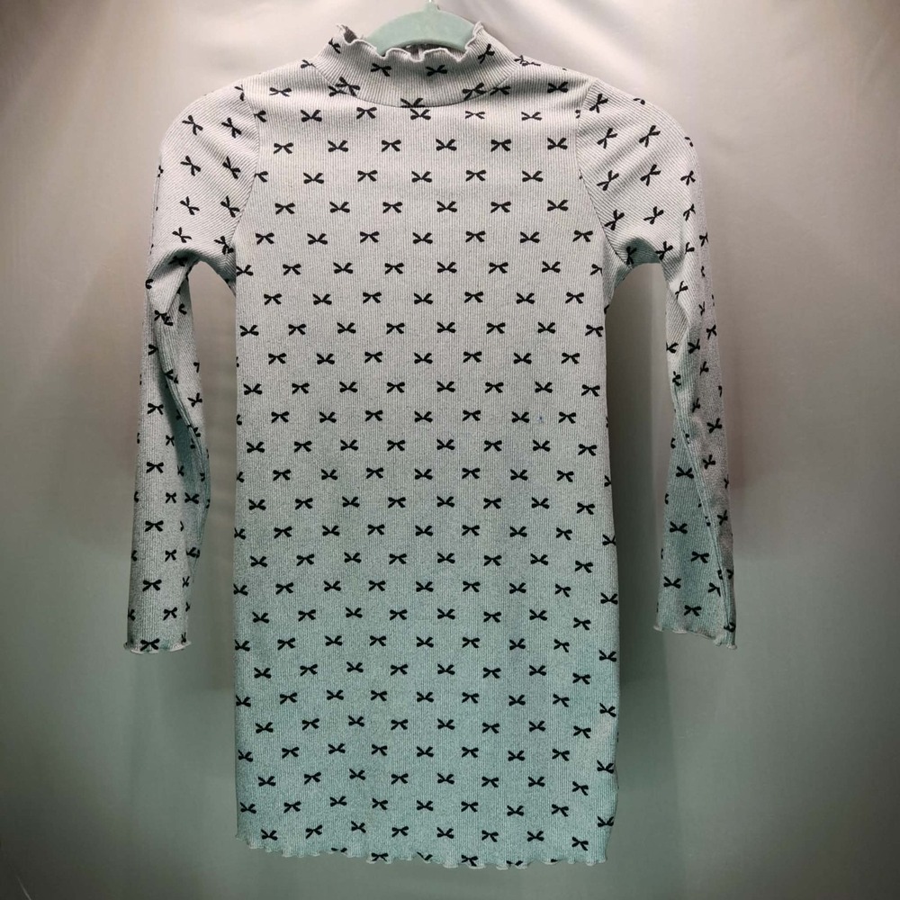 Stitch & Pine Girls Size 10/12 Gray Ribbed Bow Print Long Sleeve Dress